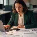 Analista cuantitativa trabajando con tablas económicas y notas de investigación
