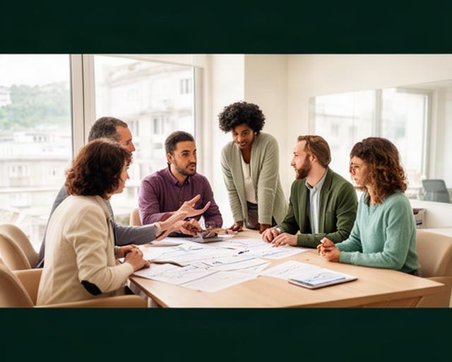 Equipo de economistas reunido en una oficina luminosa de Poyo, Galicia, revisando gráficos de inflación