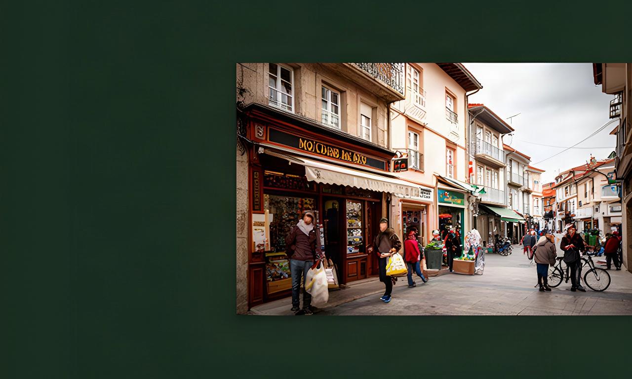 Calle comercial de Poyo con un bar tradicional, escaparates y vecinos comprando en una mañana gallega